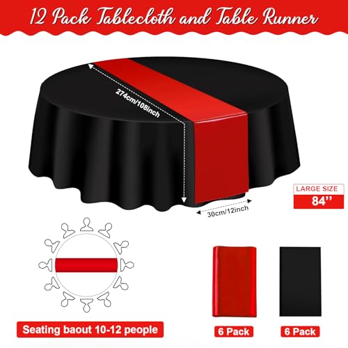 Image of 12Pack 12x108 Inch Satin Table Runner and 84 Inch Round Plastic Tablecloths Set Black and Red Disposable Round Table Cover for Graduation Wedding Bridal Shower Anniversary Birthday Party Decorations