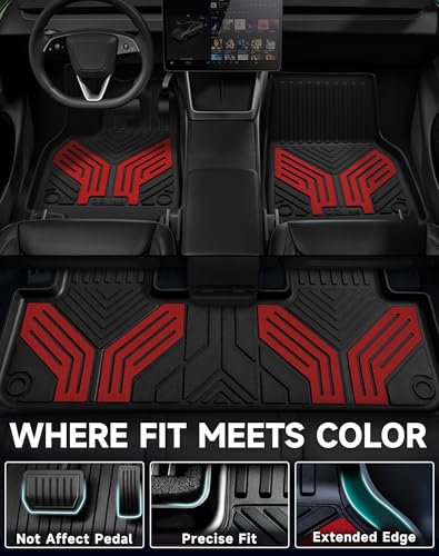 Image of Premium Color TPE Floor Mats 6-PCS for Tesla Model Y Juniper 2025 2026 | Racing Red Wing Design | Car Mat Full Set Front & Rear | All-Weather Protection, Pet & Child-Friendly Accessories