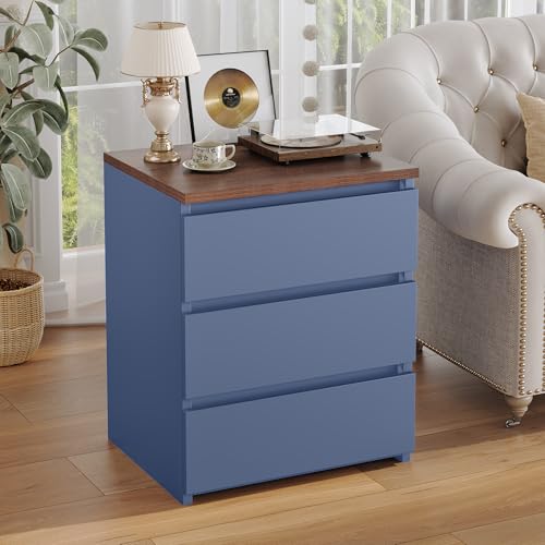 Image of FOTOSOK Nightstand with 3 Drawers, Bedside Table Night Stand for Bedroom with Cut-Out Handle, Sofa Side Table 3 Drawer Nightstand for Bedroom, 17.7W*15D*21.7H, Blue