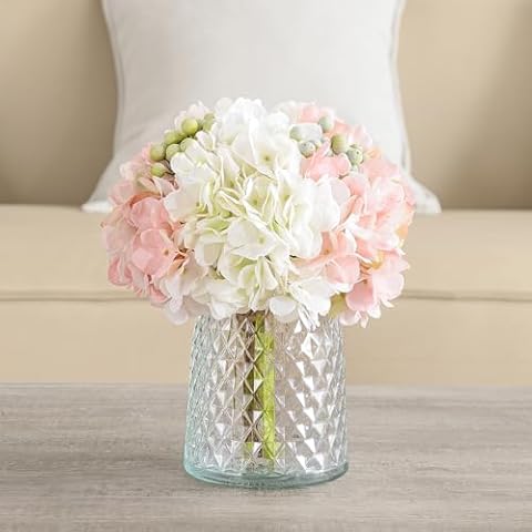 Wracra Hydrangeas Floral Arrangement in Glass Vase, Fake Flowers Silk Hydrangea Artificial Flowers with Vase for Home Office Decoration, Dining Table Centerpiece(Pink) Cover