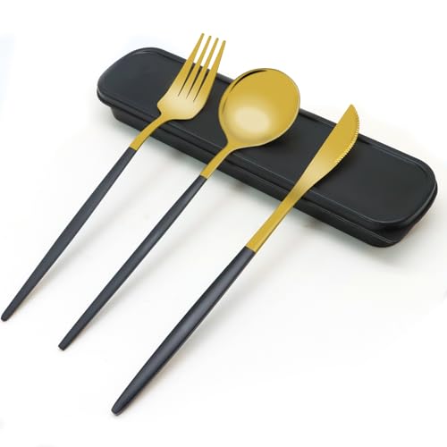 Travel Utensils with Case, 4 Piece Portable Stainless Steel Flatware Set, Reusable Travel Cutlery Set, Easy to Clean for Camping Picnic Hiking Office (Black Golden)