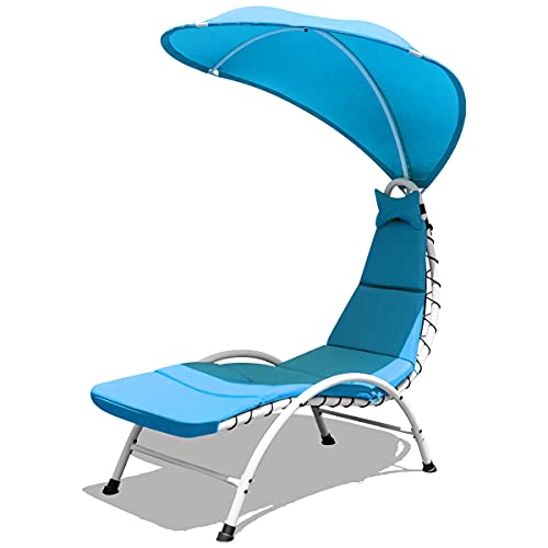 Graffy Patio Chaise Lounge Chair, Outdoor Hammock Chair W/Canopy, Waterproof Recliner Chair W/Cushion & Headrest, Arc Stand Lounge For Pools, Decks, Balconies (Turquoise) #TOP22