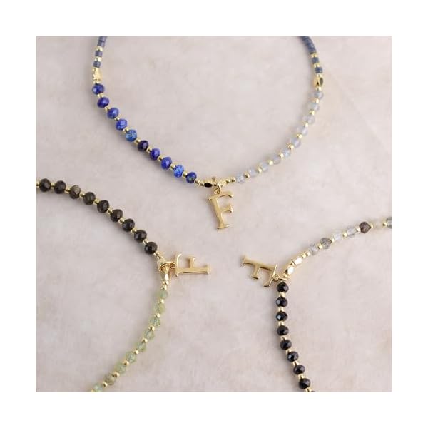 Gold Beaded Natural Stone Initial Bracelets for Women, Boho Handmade Blue Personalized Gemstone Beads Letter Name Adjustable Bracelet Summer Jewelry Gift - Image 6