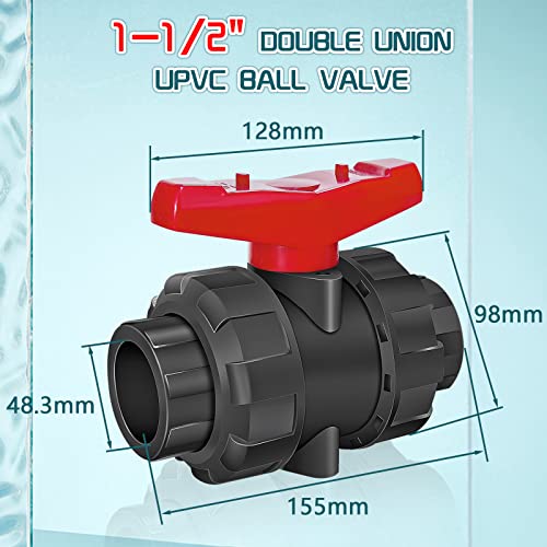 UPVC True Union Ball Valve 1 1/2inch, Double Union Ball Valve, SCH 80 Water Shut-Off Valve with Socket End, 1 1/2inch PVC Ball Valve with 2Pcs EPDM O-Rings for Irrigation, Pool, Venting Systems by Boltigen - Image 2