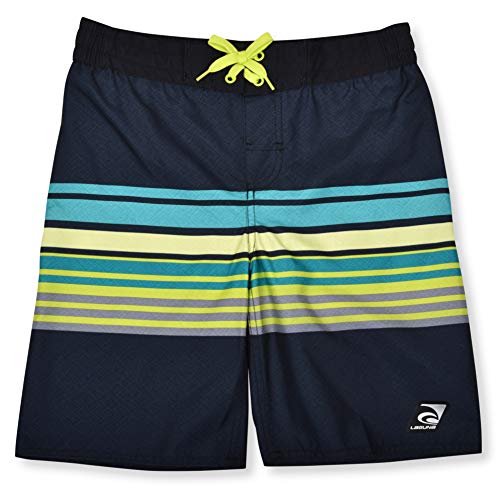 LAGUNA Boys UPF 50 Boys Stripe Drawstring Boardshorts Swim Trunks, Black Aqua Stripe, 14/16