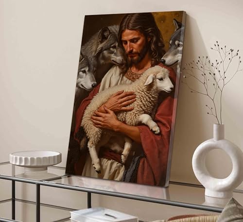 Jesus and Lamb Canvas Wall Art Jesus Saves the Lost Lamb Painting Picture Wall Decor Christian Shepherd Religious Poster Print Artwork for Church Room Living Bedroom Office Home Decoration Framed