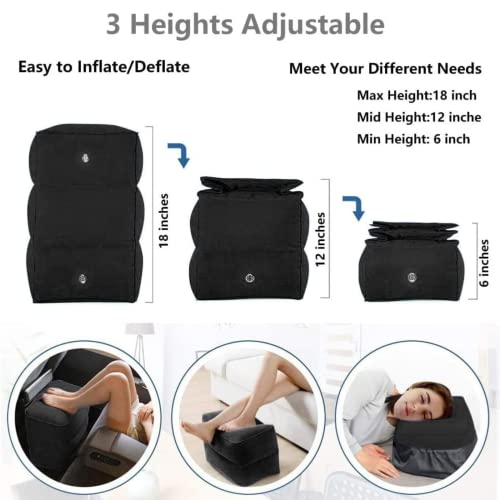 Image of Inflatable Travel Foot Rest Pillow - 3-Layer Adjustable Height Leg Rest for Airplane, Car, Office & Toddler Flight Seat Extender - Soft Flocked PVC, Portable with Pump & Dust Bag (Pack of 2, Black)