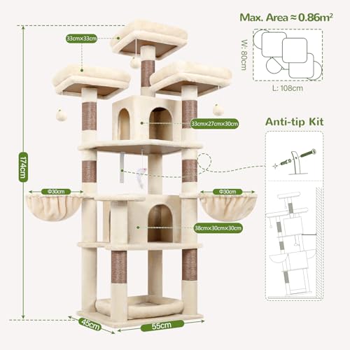 Image of Globlazer Big XL Cat Tower for Indoor Multiple Cats, F68B, Beige | 68 inch Cat Tower for Adult Cats Cat Tree with Scratching Post, 3 Perches, 2 Condos, 2 Basket, Removable Pet Bed