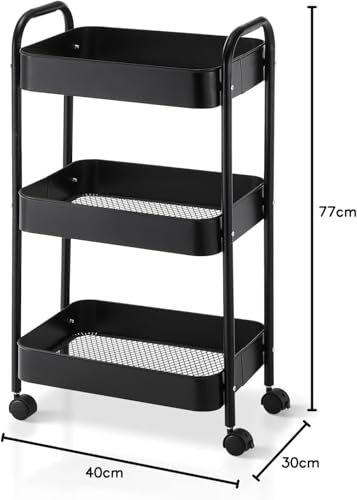 SKY-TOUCH 3-Tier Kitchen Storage Trolley on Wheels Rolling Utility Carts Mobile Storage Serving Trolley Metal Cart for Dining Room, Bathroom, Laundry, Living Room, Organizer (Black) 40×30×77 cm