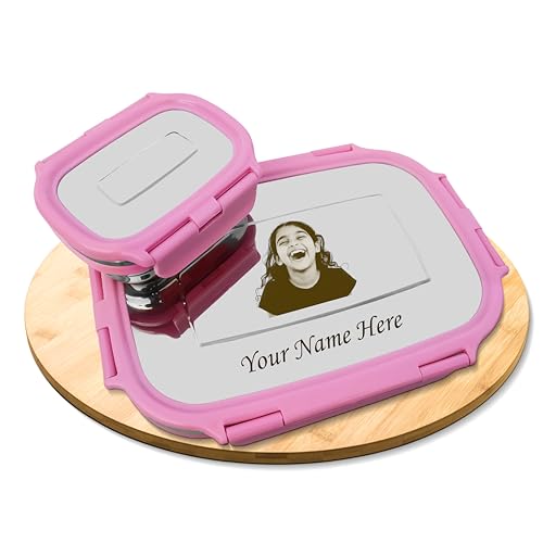 Image of SAVRI Personalized Kids Stainless Steel Lunch Box Pink -Customized Photo & Name Laser Printed Tiffin Box | Leakproof School Snack Storage for Boys & Girls | Birthday Return Gift, Daycare & Picnic Use