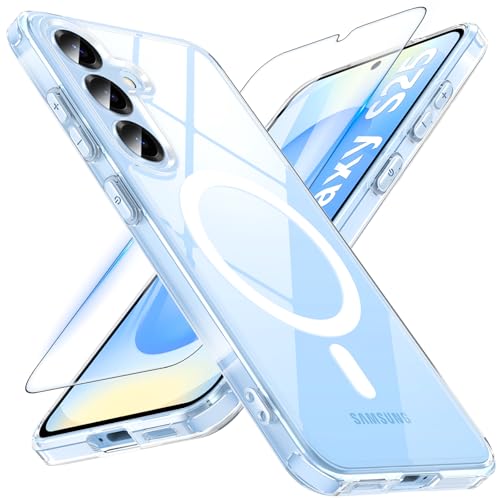 Image of OWKEY for Samsung S25 Case, Compatible with MagSafe with Screen Protector, Magnetic Case for Samsung Galaxy S25 5G, Translucent Back Shockproof Phone Cover (Clear)