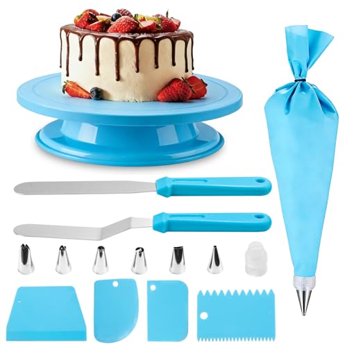 JUYUANXIN 1 prato giratório para bolos, prato giratório decoração de bolos, decoração pastel kit, acessórios para bolos, com 2 espátulas 6', 4 raspadores, 8 mangas de pastelaria com boquilhas (azul)