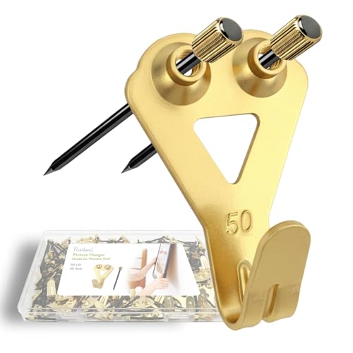 Image of Picture Hangers Heavy Duty, Extra Thick, 50 lb, Decorative Hanging Hooks Hardware for Drywall and Plaster Walls with Large Nailers and Nails, Painting, 80pcs, Gold