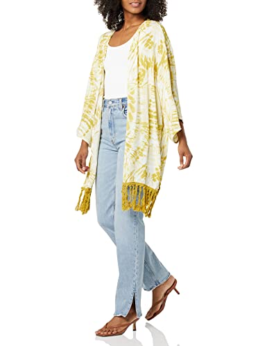 ANGIE Women\'s TIE DYE Kimono with Fringe, Yellow, Large