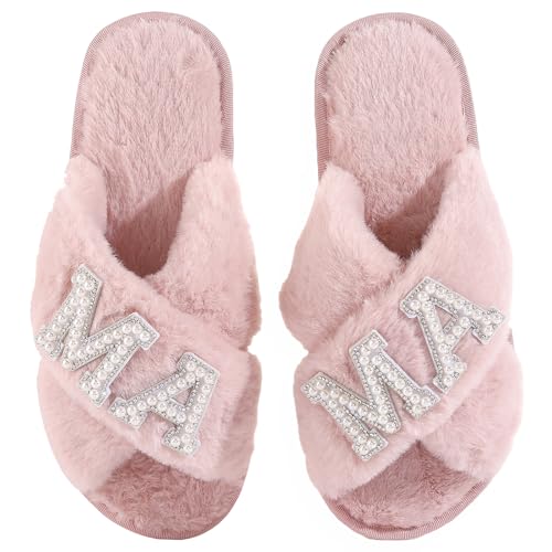Fabstory MAMA Slippers for Women Fuzzy Indoor House Slippers with Pearls Gift for New Mom Mothers Day Gift Pink