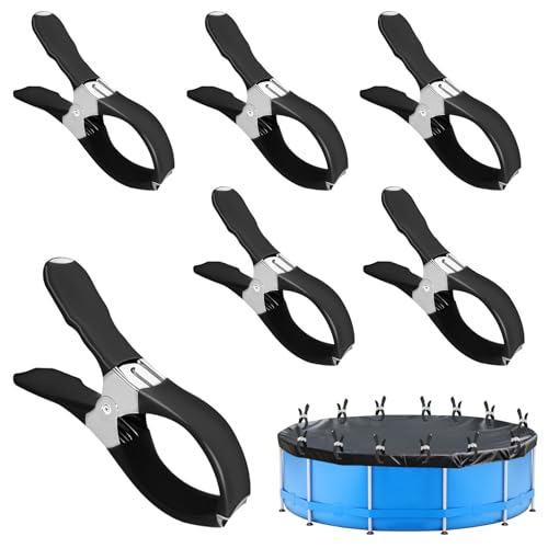 6er Pack Klammern Groß für Poolabdeckung & Strandliegen, Klemmzwingen Groß aus Edelstahl mit starker Feder, Befestigungsklammern für Outdoor & Camping (Schwarz)