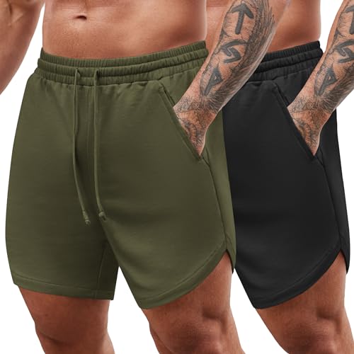 COOFANDY Herren Shorts Gym Trainingsshorts Fitness Männer Sporthose Kurz mit Taschen 2er Pack Armeegrün/Schwarz L