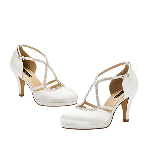 Image of ERIJUNOR Women Comfort Low Heel Closed-Toe Ankle Strap Platform Satin Bridal Wedding Shoes