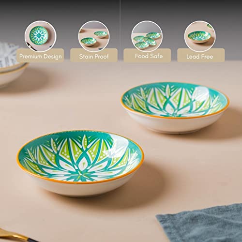 Image of Nestasia Ceramic Round Snack Plate Set of 4 (5.5 Inch Each) - Floral Dahi Bhalla Plate for Serving Chaat, Halwa, Chakna, & Desserts | Microwave & Dishwasher Safe Small Plate (Green)
