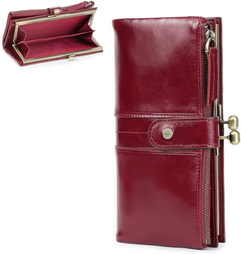 Kiss Lock Genuine Leather Wallet for Women Vintage RFID Clutch with Zipper Coin Pocket & Phone Holder Red (Red)