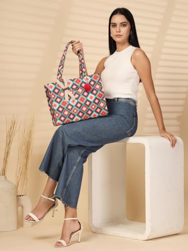 Image of ENSAC Women's Floral Print Tote Bag | Lightweight Handbag with Zipper Closure
