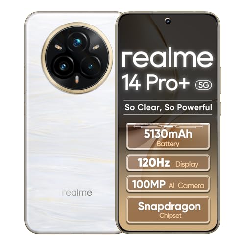 realme 14 Pro+ 5G Smartphone 8+256GB, 6.83 inch Bildschirm,Pearl White, 120Hz Display, 80W SuperVOOC, 5130mAh Akku, 108MP Kamera, Qualcomm Snapdragon 7s Gen 3 Mobile Platform, ArmorShell-Schutz, IP69