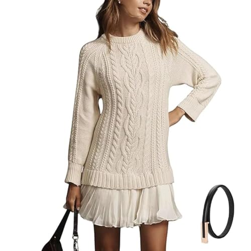 Women Crewneck Cable Knit Sweater Mini Dress, Cable Knit Sweater Dress, Twofer Style Long Sleeve Mini Dress