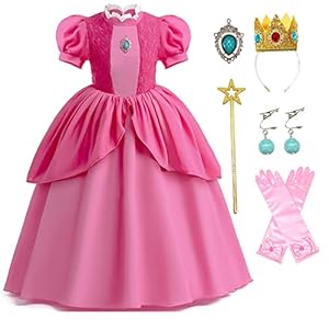 Coseaon Peach Disfraz Niña Peach Princesa Cosplay Vestido con Corona Peach Difraces Costume Dress para Halloween Navidad Carnaval 3-12 años