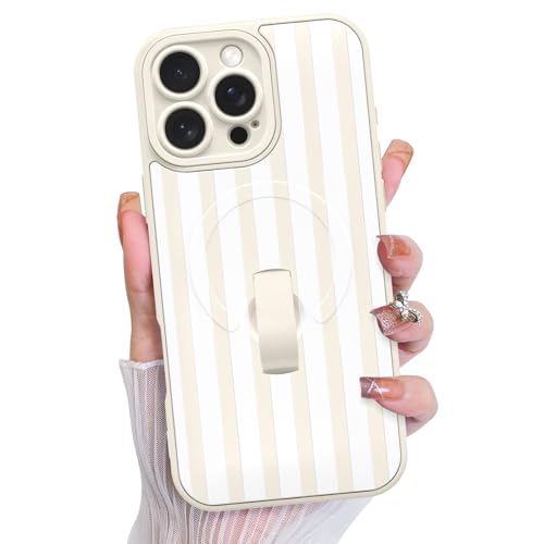 KANGHAR Compatible with iPhone 16 Pro Max Case Support for MagSafe Silicone Stripes Cute Pattern Wristband Kickstand Camera Protection Soft Slim Cover for Girls Women -White