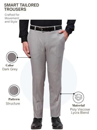 Image of Raymond Men's Slim Fit Mid Rise Polyester Blend Structure Pattern Flat Front Formal Trouser