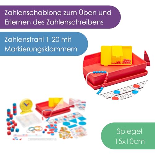 WISSNER® Mathe-Lernbox für die Grundschule mit Übungsaufgaben - Mathe-Set Made in Germany, Ideal für die 1. Klasse & Dyskalkulie inklusive Geobrett, Zahlenbox, Spielgeld, Lernuhr u.v.m.
