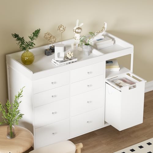 Image of 47.2 inch Nursery Dresser with 8 Drawers and Changing Table Top Baby Changing Station Dresser with 1 Open Shelf and 1 Laundry Hamper Diaper Changing Station Mobile Nursery Organizer,White