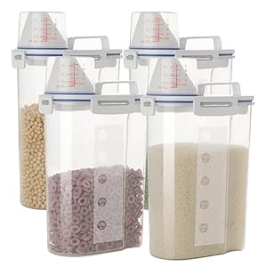 5.5 Lbs Rice Airtight Dry Food Storage Container Set of 4, Rice Storage Bin Cereal Containers Dispenser, Thicken Plastic Clear Food Storage Box with Pouring Spout, Measring Cup for Grain, Flour Snacks