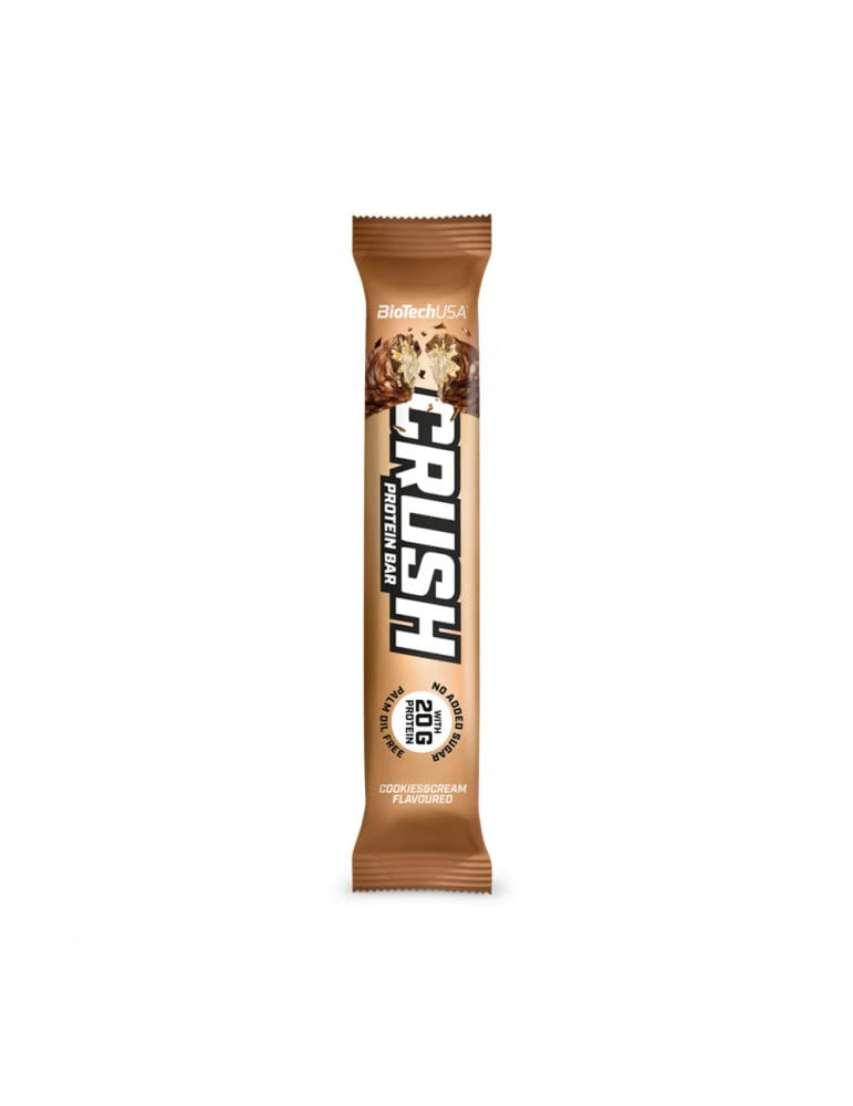 BioTechUSA Crush Bar Hochproteinhaltiger Riegel mit knusprigem Schokoladenüberzug und ohne Zuckerzusatz, 12 * 64 g, Cookies & Cream