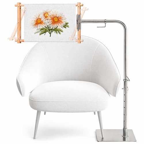 Adjustable Cross Stitch Floor stand with Side Clamp Fit for Lowery Workstand 360 Rotating Needlepoint Stand for Embroidery Hoops Q-Snap Frames & Scroll Rods All Stainless Steel Construction