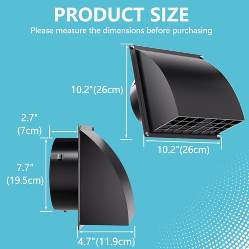 Image of 8 Inch Wall Vent Cover, HG Power Metal Exhaust Vent Cap Outside with Removable Screen & Cushioned Non-Return Flap for Home Wall, Kitchen(Blcak)