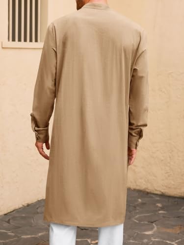Image of Runcati Mens Kaftan Robe Button Down Long Sleeve Cotton Linen Thobe Casual Muslim Gown Henley Shirt