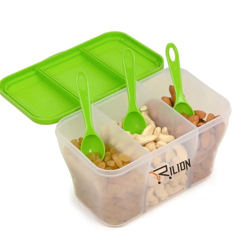 Image of RILION Multipurpose Plastic 3 In 1 Fridge Storage Boxes Containers Masala Box for Kitchen, for Kitchen, Transparent Storage Containers Airtight Grocery, Cereal, Dry Fruits Dabba 1100 ML with 3 Spoons