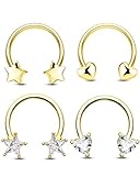 Jewseen 4PCS Septum Rings 16G Gold Septum Jewelry Star Heart Horseshoe Nose Rings for Women 316L Surgical Steel Daith Earring for Women Helix Conch Piercing Jewelry