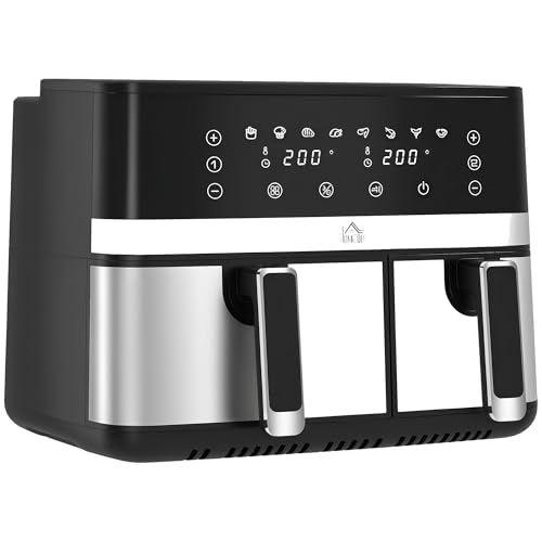 HOMCOM Fry Dual Zone Digital Air Fryer, 2 Drawers, 8.3L, 8 in 1, Smart Finish, Digital Display, Recipe, Timer for Oil Free & Low Fat Healthy Cooking, 2700W