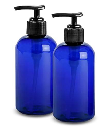 ljdeals 8 oz Blue Plastic Bottles with Pumps, Soap Dispenser, Empty Pump Bottles, Squeezable Refillable Containers for Shampoo, Lotion, Cream and More… Pack of 2, BPA Free, Made in USA2
