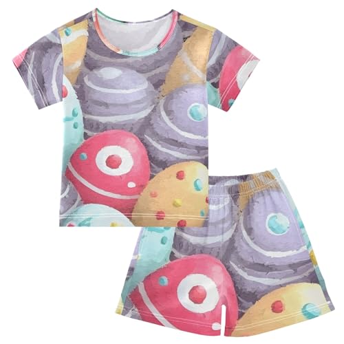 Summer Pajama Set Painted Easter Eggs Pattern, Short Sleeve Sleepwear Nightwear
