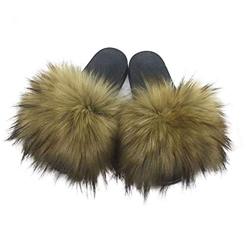 Image of Women's Faux Fur Slides Slippers Fluffy Fuzzy Sandals Open Toe Furry Slide Flip Flop Indoor Outdoor
