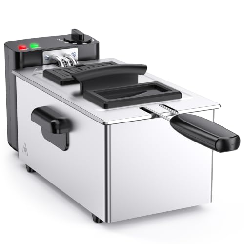 Image of NEWBULIG Deep Fryer with Basket, 3 Liter Electric Deep Fryer with 1500W Power, Adjustable Temperature, Lid with Viewing Window for Fried Chicken, Shrimp, French Fries, Silver