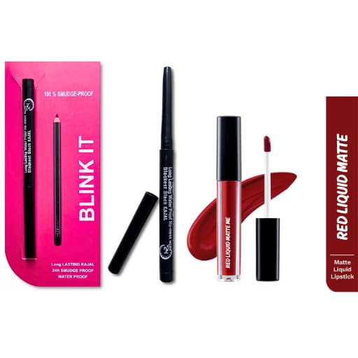 Image of Blinkit Kajal and Red Matte Liquid Lipstick Combo Set, Smudge-proof, Waterproof