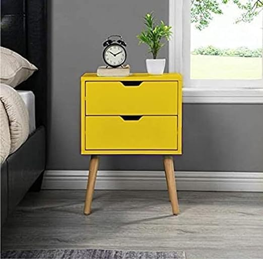 Image of Organizing Nightstand Solid Wood Legs Mid-Century Modern Bedside Table Practical and Simplistic End Side Table with Two Drawers (Yellow)