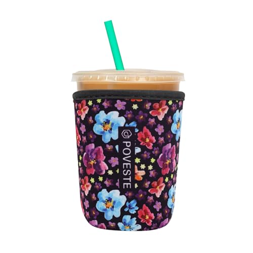 Image of Reusable Neoprene Insulator Sleeve for Iced Coffee & Cold Soda, Coffee Sleeves for Iced & Hot Drinks, Cold Beverage Cooler Compatible with Starbucks, Dunkin (Purple Garden, Small: 16-18oz)