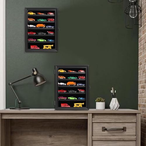 Image of Toy Cars Display Case 1 /64 Scale Diecast Car Display Case Wall Mount Model Car Display Storage Cabinet Lockable with Real Glass & Removable Shelf Rack -Black