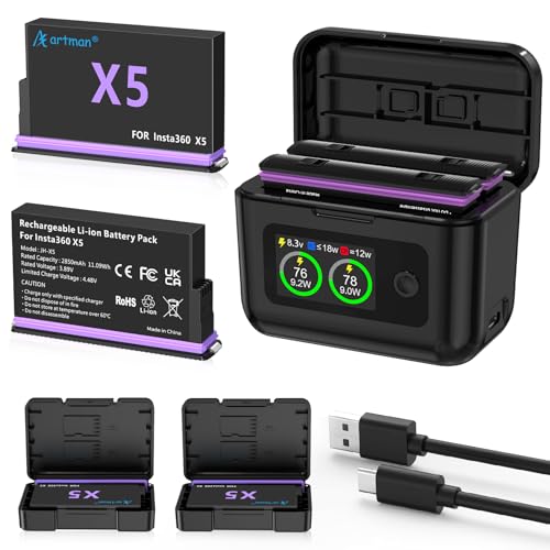 Artman 2 Pack X5 Battery with Dual LCD Charger Case for Insta360 X5