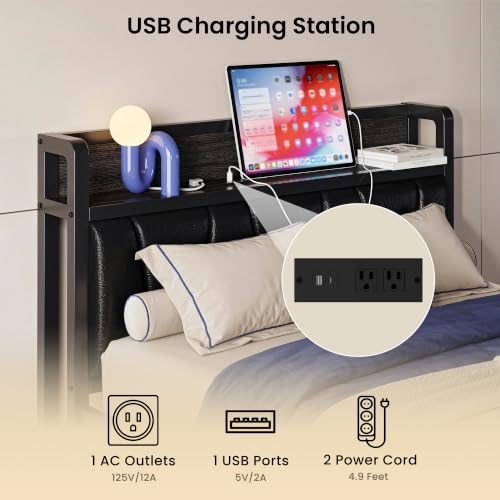 Image of LIKIMIO Twin XL Bed Frames, PU Leather Storage Headboard with Charging Station, Solid and Stable, Noise Free, No Box Spring Needed, Easy Assembly, Black